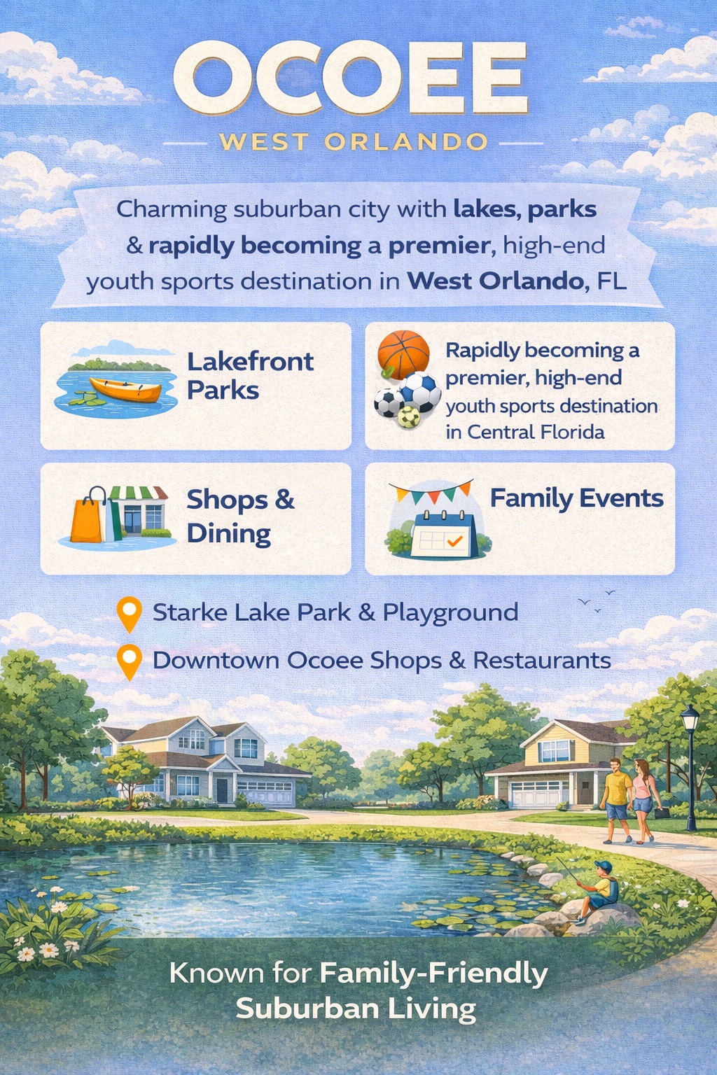 Ocoee West Orlando infographic highlighting lakefront parks, shopping and dining, family events, Starke Lake Park, downtown Ocoee, and its emergence as a premier youth sports destination in Central Florida.