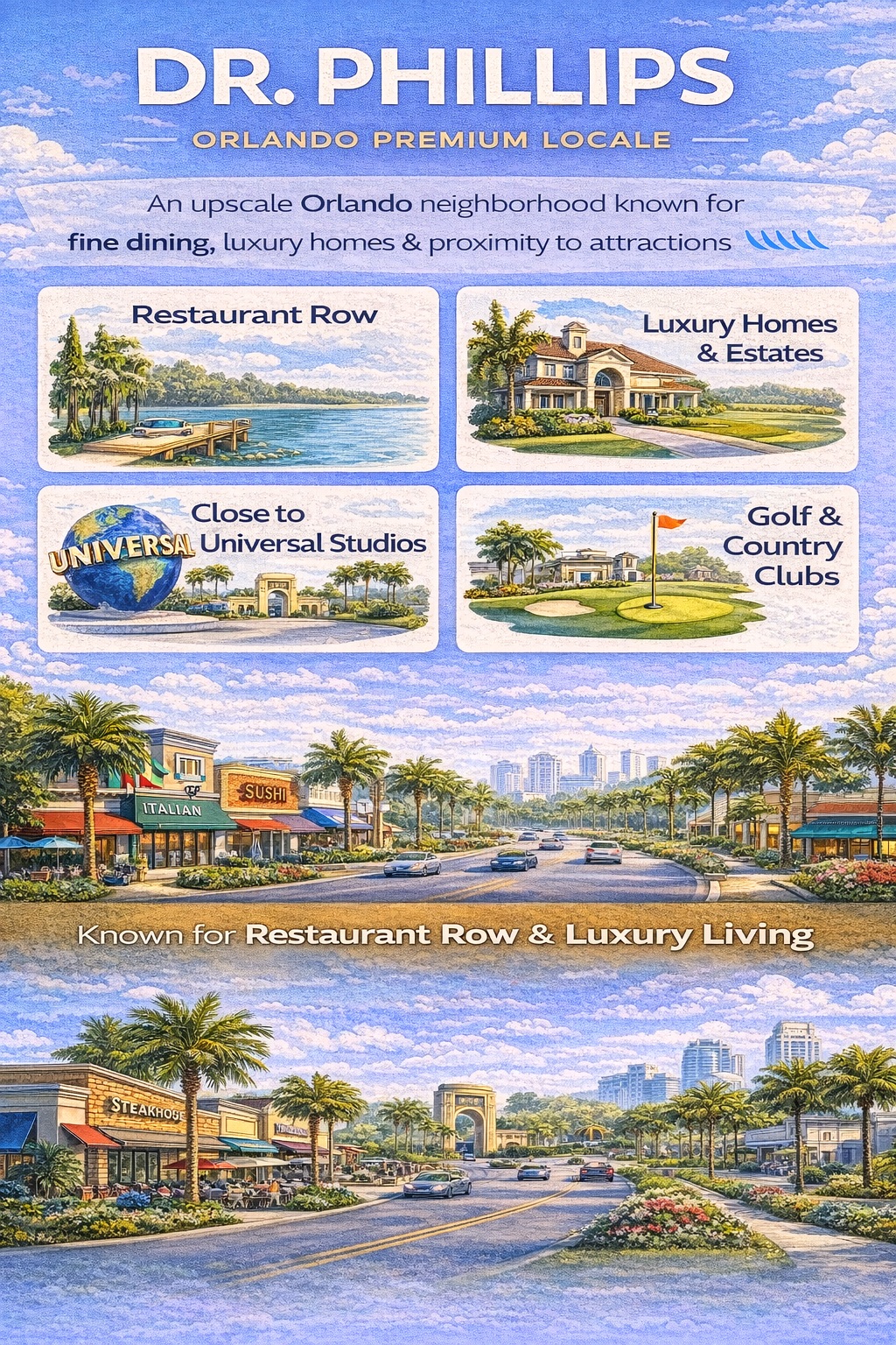 Dr. Phillips Orlando infographic highlighting Restaurant Row dining, luxury homes, golf communities, and proximity to Universal Orlando Resort.