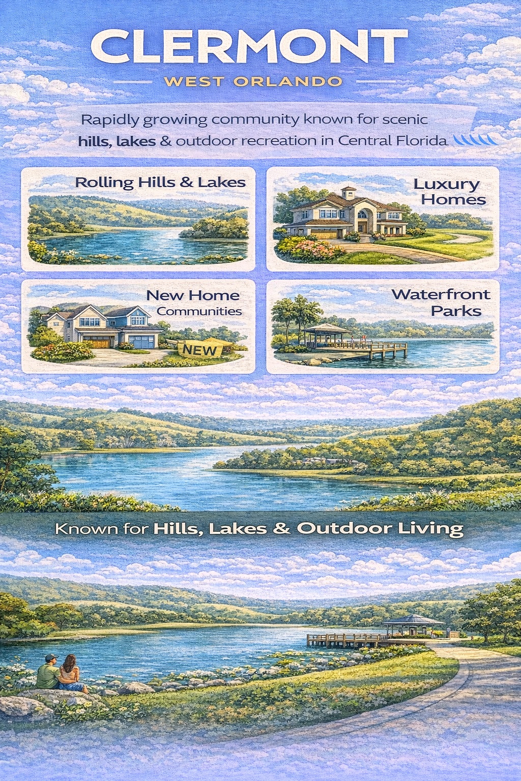 Clermont Florida infographic highlighting rolling hills, lakes, outdoor recreation, waterfront parks, and growing residential communities.