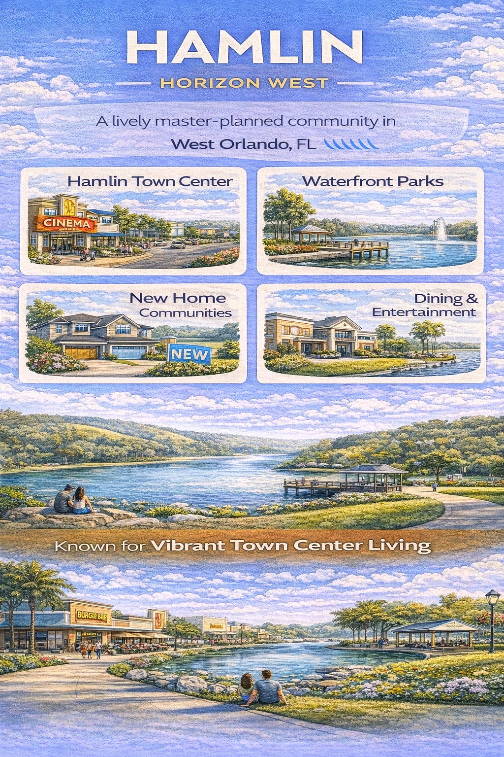 Hamlin Horizon West infographic highlighting Hamlin Town Center, waterfront parks, dining, entertainment, and new construction homes.