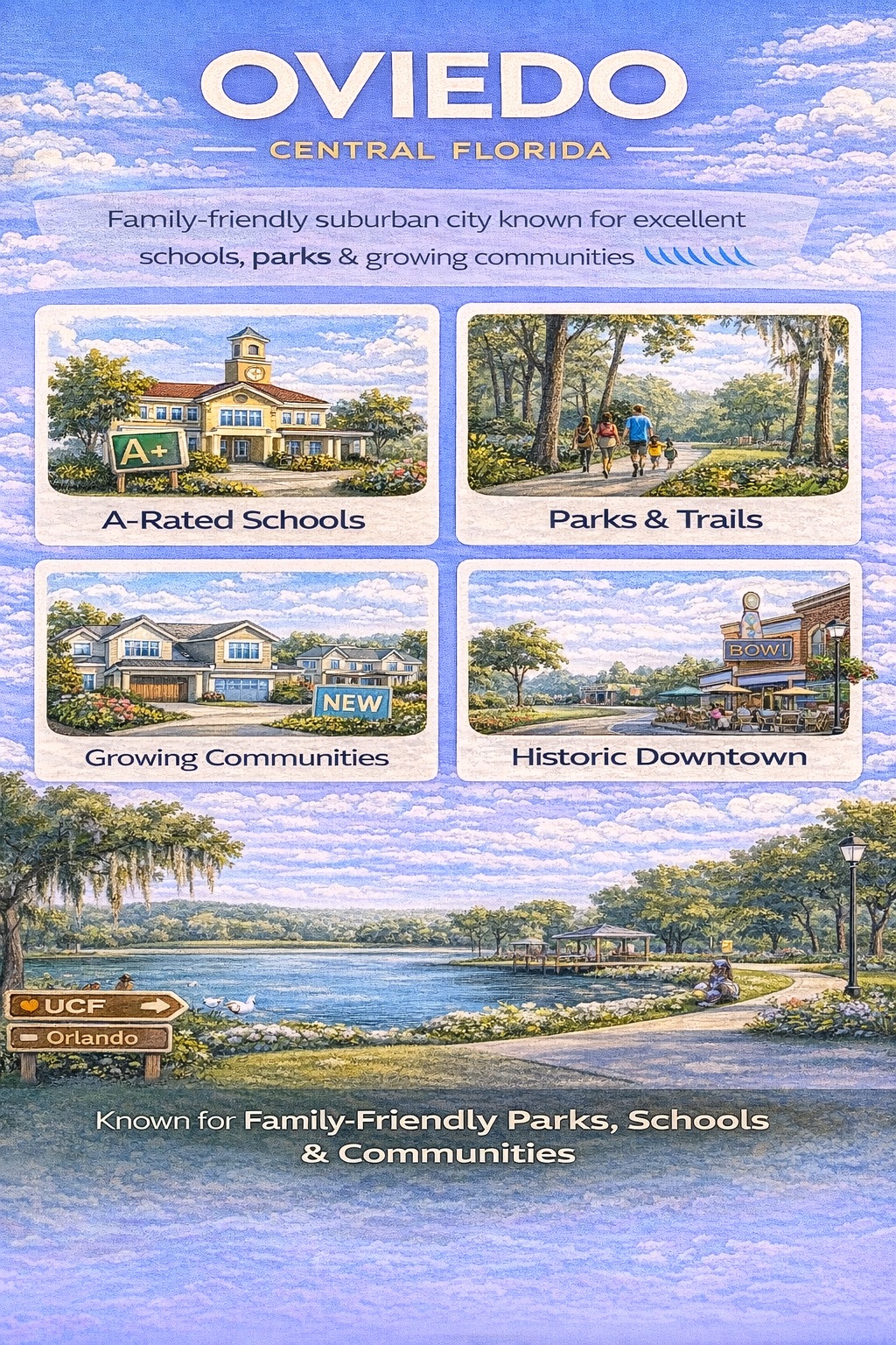 Oviedo Florida infographic highlighting A-rated schools, parks and trails, historic downtown Oviedo, growing residential communities, and proximity to UCF and Orlando.