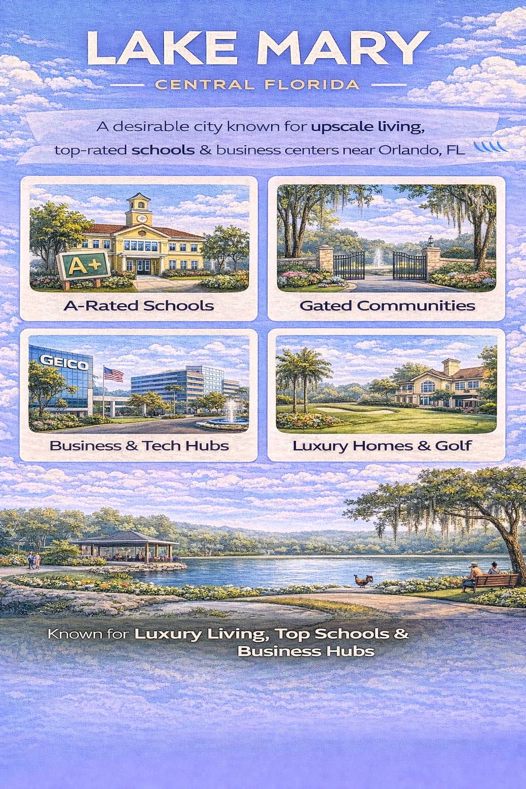 Lake Mary Florida infographic highlighting A-rated schools, gated communities, business and tech hubs, luxury homes, and parks in one of Central Florida’s most desirable suburbs.