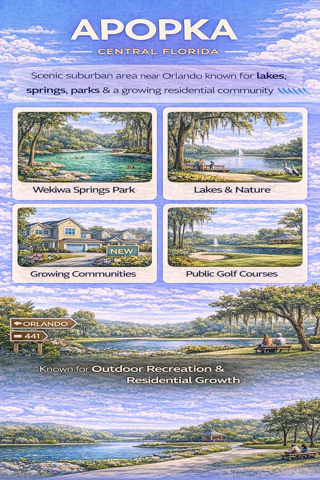 Apopka Florida infographic highlighting Wekiwa Springs State Park, lakes and nature, growing residential communities, public golf courses, and outdoor recreation near Orlando.
