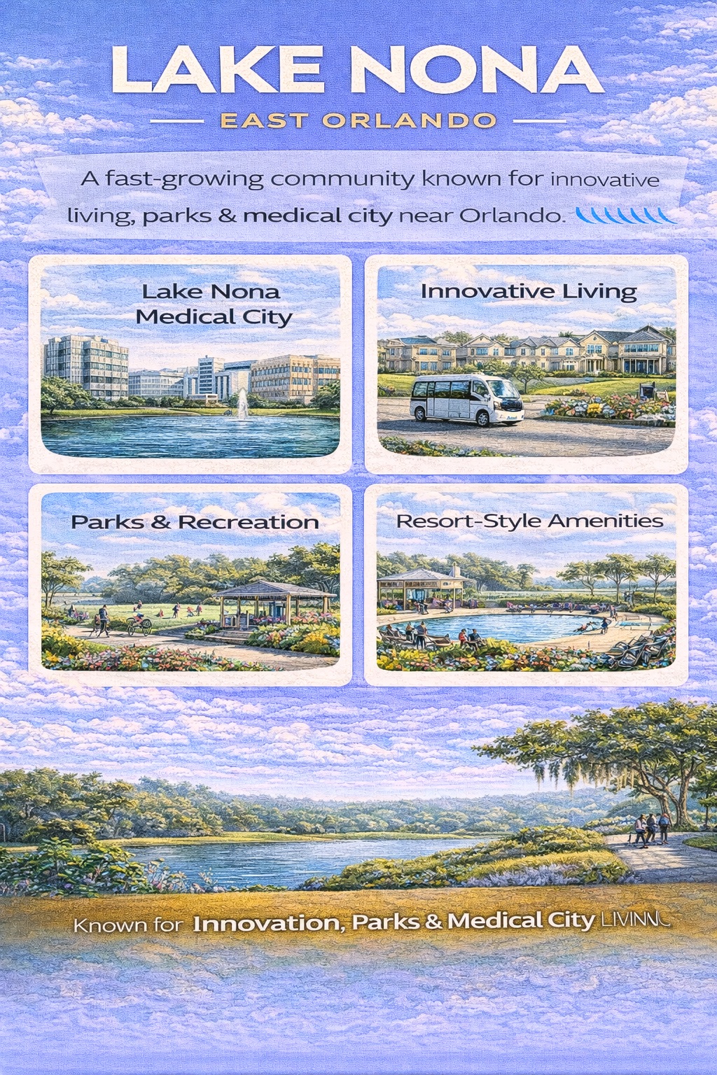 Lake Nona Orlando infographic highlighting Medical City, innovative living communities, parks and recreation, and resort-style amenities in one of Central Florida’s fastest-growing areas.