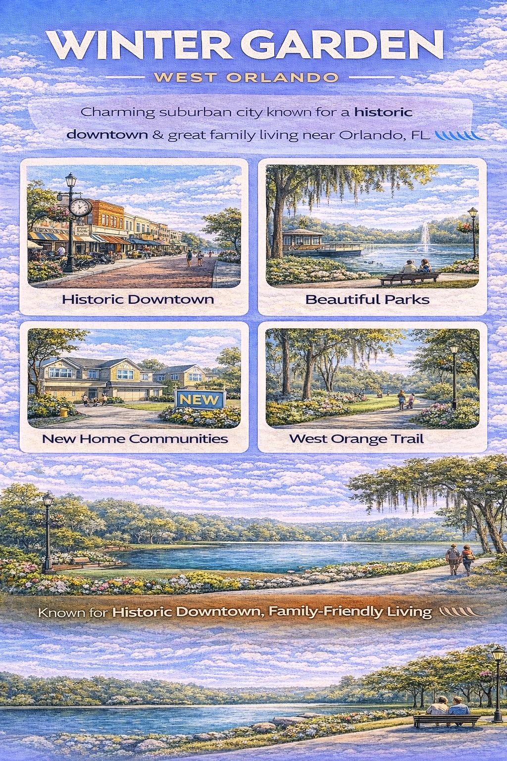 Winter Garden Florida infographic highlighting historic downtown Winter Garden, beautiful parks and lakes, new home communities, and the West Orange Trail in West Orlando.
