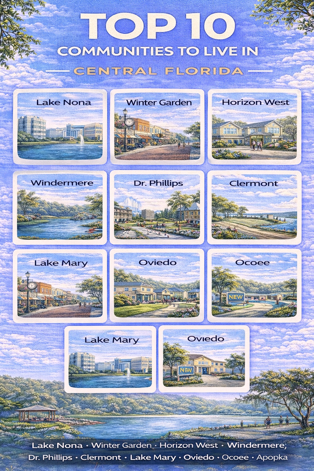 Infographic showing the top 10 communities to live in Central Florida including Lake Nona, Winter Garden, Horizon West, Windermere, Dr. Phillips, Clermont, Lake Mary, Oviedo, Ocoee, and Apopka.