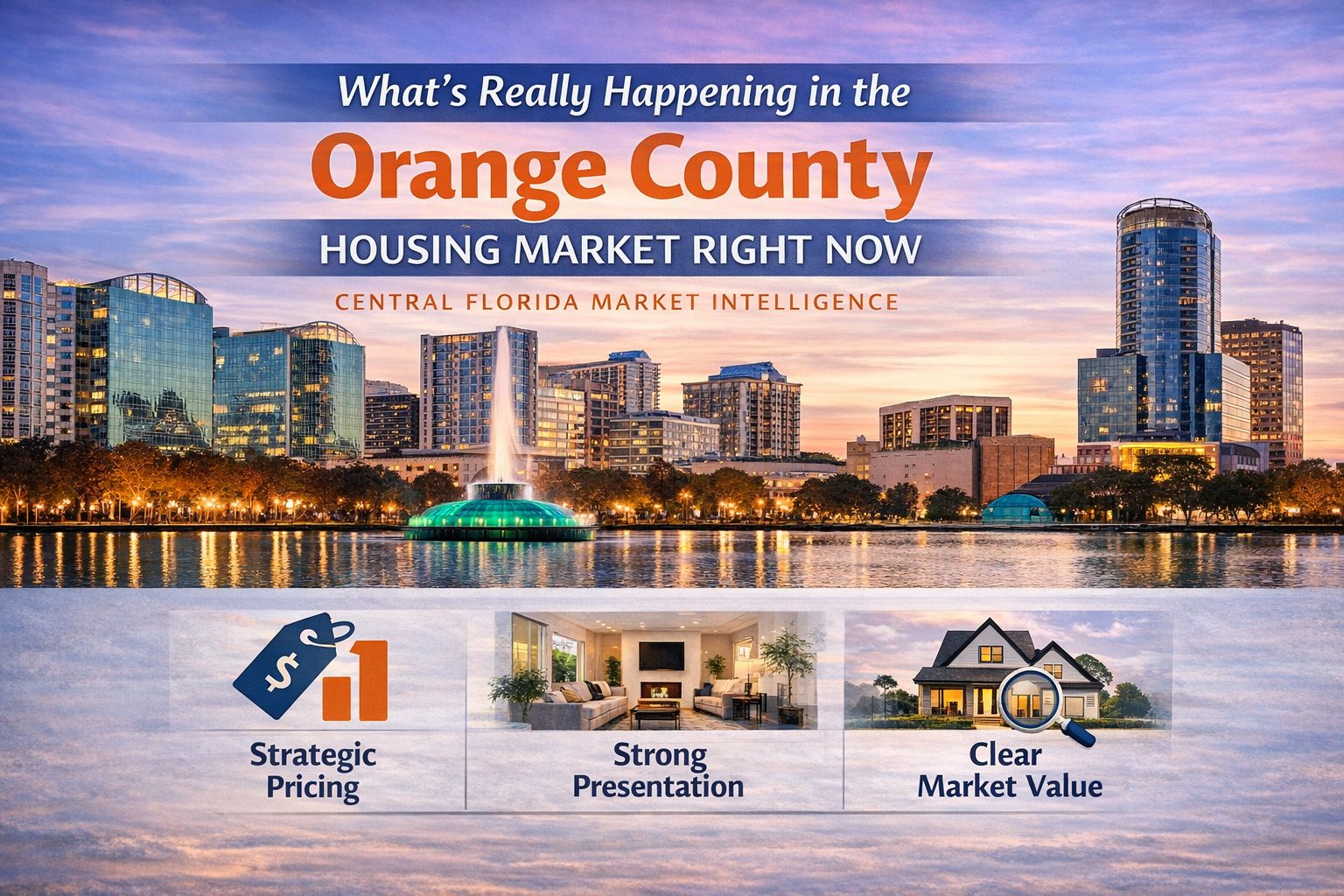 Infographic showing the Orlando skyline and Lake Eola with the headline “What’s Really Happening in the Orange County Housing Market Right Now.” The graphic highlights Central Florida housing market insights including strategic pricing, strong presentation, and clear market value as key factors that help homes sell in today’s market.