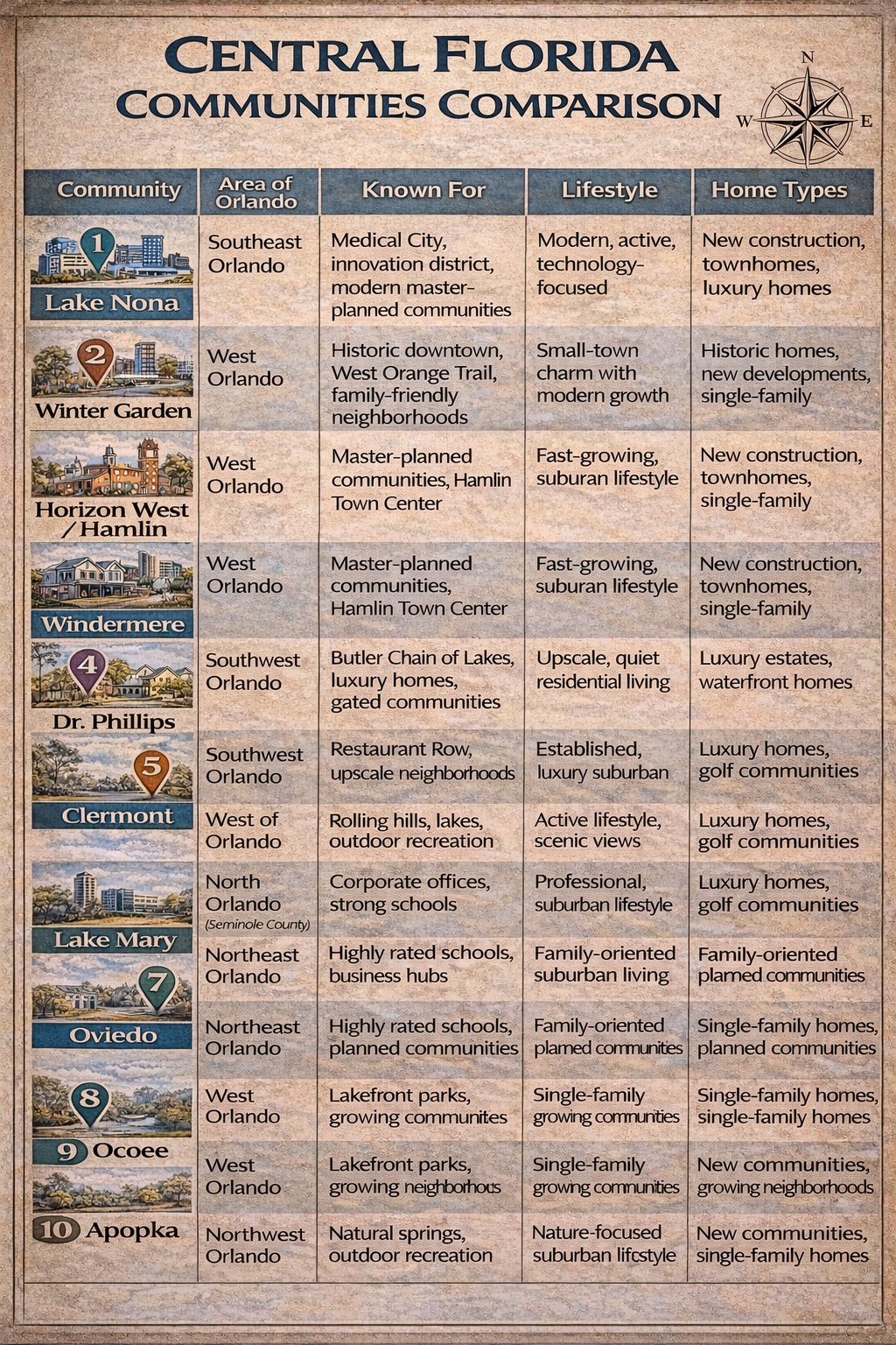 Central Florida communities comparison infographic highlighting Lake Nona, Winter Garden, Horizon West, Windermere, Dr. Phillips, Clermont, Lake Mary, Oviedo, Ocoee, and Apopka with lifestyle, location, and home type insights.
