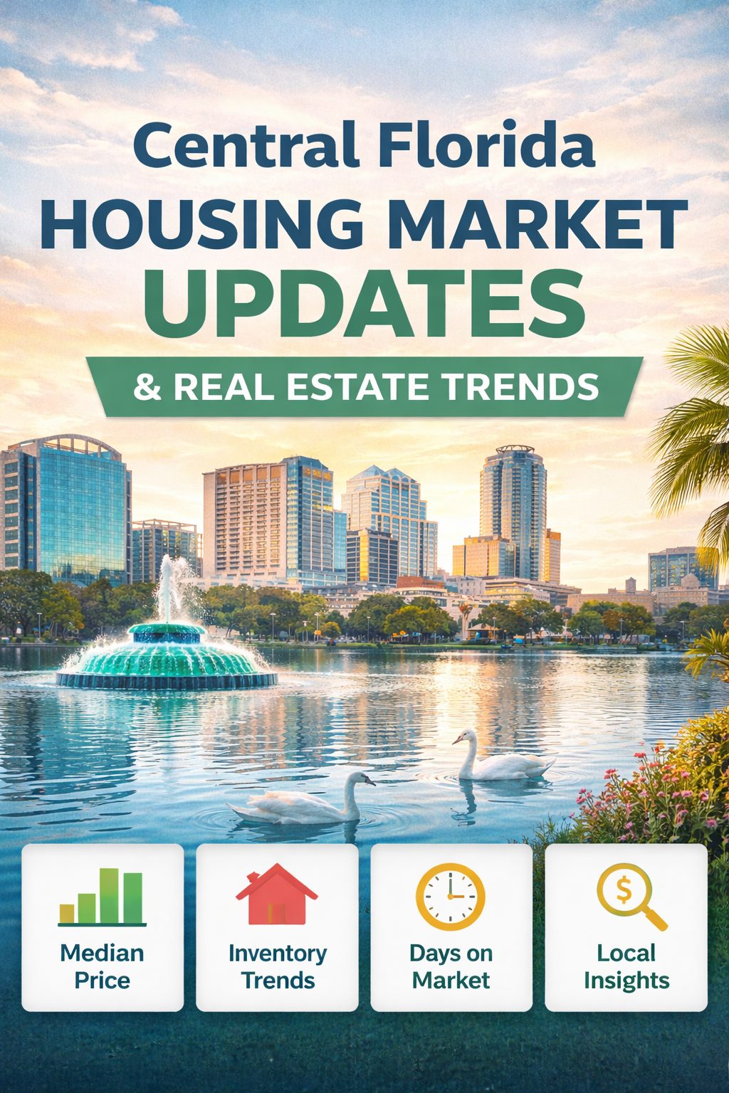 Orlando skyline at Lake Eola with graphic text highlighting Central Florida housing market updates and real estate trends including home prices, inventory, and days on market.